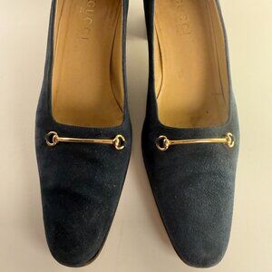 Vintage Gucci Horsebit Heels In Dark Blue Suede